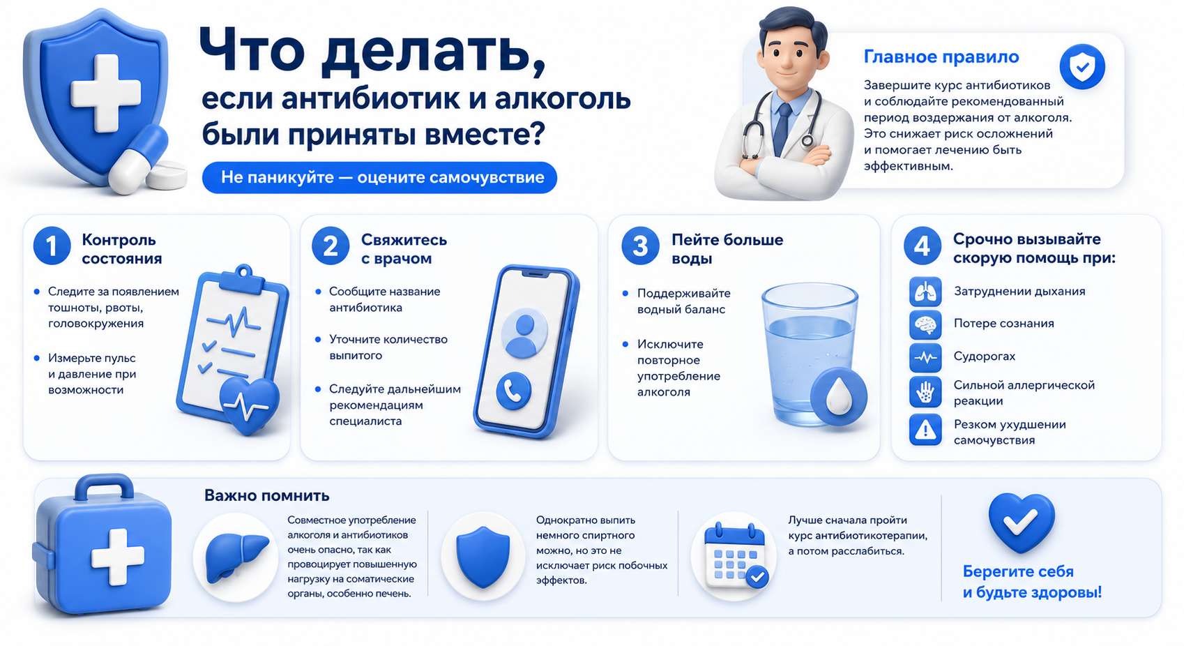 Инфографика на тему того, что делать при совместном употреблении алкоголя и антибиотиков