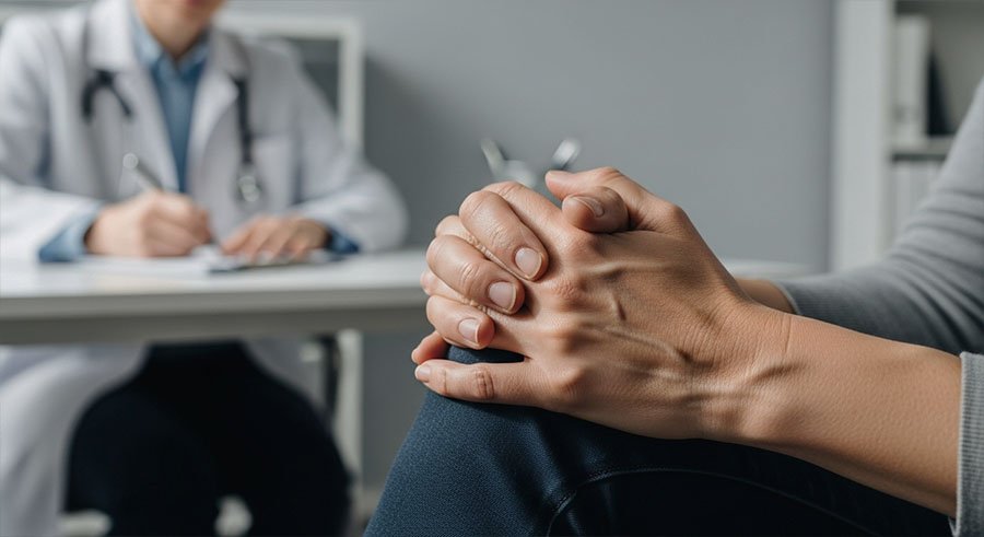Пациент сидит в кабинете положив руки на колени